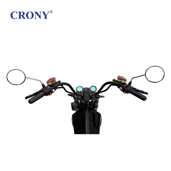 CRONY X1 Electric Motorcycle, 3000W Motor, 60V 12Ah Battery, 60-80KM/H Max Speed, 25-35KM Range, Front & Rear Disc Brakes, Front & Rear Suspension, LCD Display, LED Lights, Bluetooth Speaker, Mobile Phone Holder, Harley Bag, Black