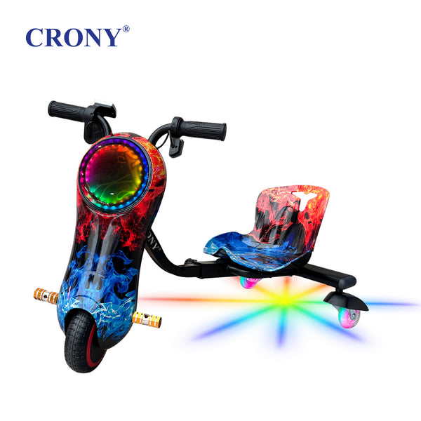 CRONY JL009 8-Inch V-Shaped Drift Car for Kids with Bluetooth Speaker 250W Motor 36V Battery 3 Speed Modes 18KM/H LED Lights Shock Absorption 3-Wheel Electric Scooter 7-10KM Range Lightweight Racing Drift Toy