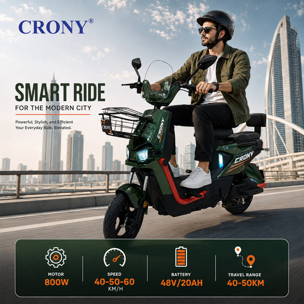 CRONY T10 Tank Electric Scooter, Green, 800W Motor, 48V 20Ah Detachable Battery, 40–60 km/h Top Speed, 40–50 km Range, Dual Seat, Front & Rear Suspension, LCD Display, Front Basket & Bluetooth Speaker