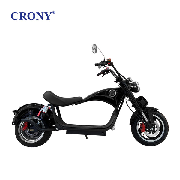CRONY X1 Electric Motorcycle, 3000W Motor, 60V 12Ah Battery, 60-80KM/H Max Speed, 25-35KM Range, Front & Rear Disc Brakes, Front & Rear Suspension, LCD Display, LED Lights, Bluetooth Speaker, Mobile Phone Holder, Harley Bag, Black