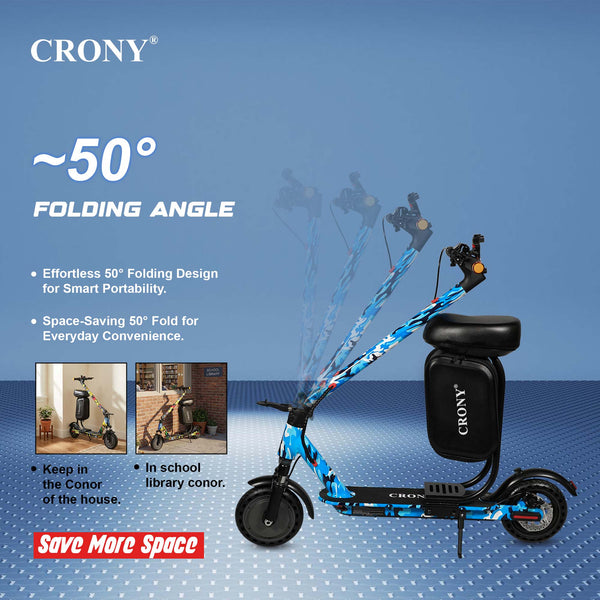 XM M365 APP+SEAT-Blue Camowith Suspension is a foldable electric scooter designed for adult urban commuting. Powered by a 350W motor, it delivers speeds between 25–45 km/h with a range of 15–20 km per charge