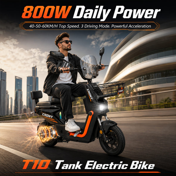 CRONY T10 Tank Electric Scooter, 800W Motor, 48V 20Ah Detachable Battery, 40–60 km/h Top Speed, 40–50 km Range, Dual Seat, Front & Rear Suspension, LCD Display, Front Basket & Bluetooth Speaker