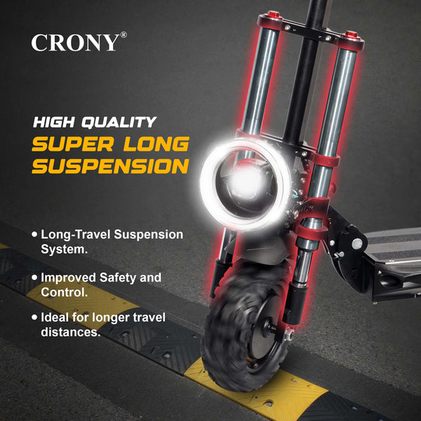 The CRONY V18 is a high-performance electric scooter powered by dual 1500W motors, delivering strong acceleration and smooth riding with speeds up to 40 KM/H. Equipped with a 48V 18AH battery, it offers a travel range of 30–60 KM on a single charge.