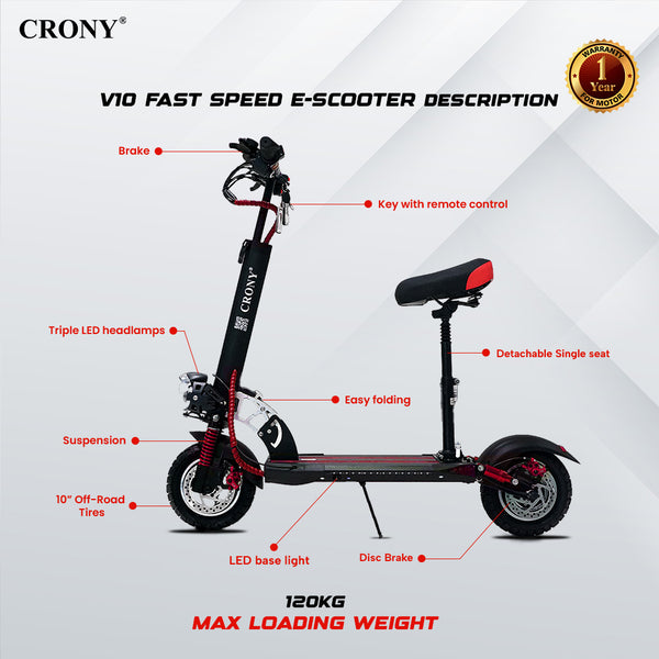 CRONY V10 Red Fast Speed Electric Scooter 1200W Motor, 48V Battery, Top Speed 68Km/h, Range 20-40Km, Triple LED Headlamps, Base LED Lights, 10 Inch Tyres