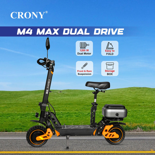 CRONY M4 Max Dual Drive Electric Scooter 1200Wx2 Motors 48V/20AH Battery 35-50KM Range Disc Brakes Front/Rear Suspension