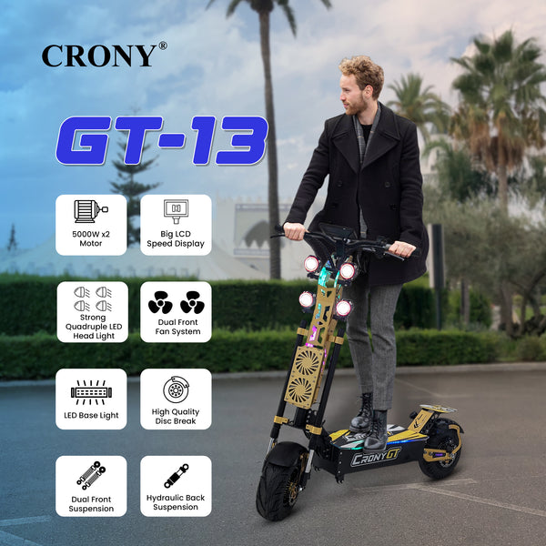 CRONY GT-13 Electric Scooter – Dual Motor, 13-Inch Fat Tires, Aluminum Alloy Frame, Front & Rear Suspension, Oil Disc Brakes, LED Lights, LCD Display, Bluetooth Speaker, Phone Holder & Foldable Design | High-Performance Off-Road Scooter