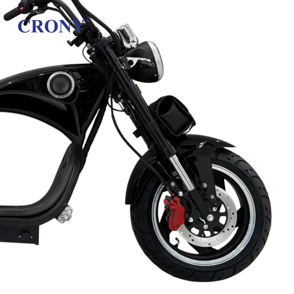 CRONY X1 Electric Motorcycle, 3000W Motor, 60V 12Ah Battery, 60-80KM/H Max Speed, 25-35KM Range, Front & Rear Disc Brakes, Front & Rear Suspension, LCD Display, LED Lights, Bluetooth Speaker, Mobile Phone Holder, Harley Bag, Black