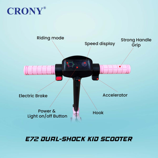CRONY E72 Dual-Shock Electric Scooter for Kids, Pink, 150W Motor, 24V 2.6Ah Battery, 8-12KM/H Speed, 5-10KM Range, Front & Rear Suspension, LED Display, Easy Folding, 1 Year Motor Warranty