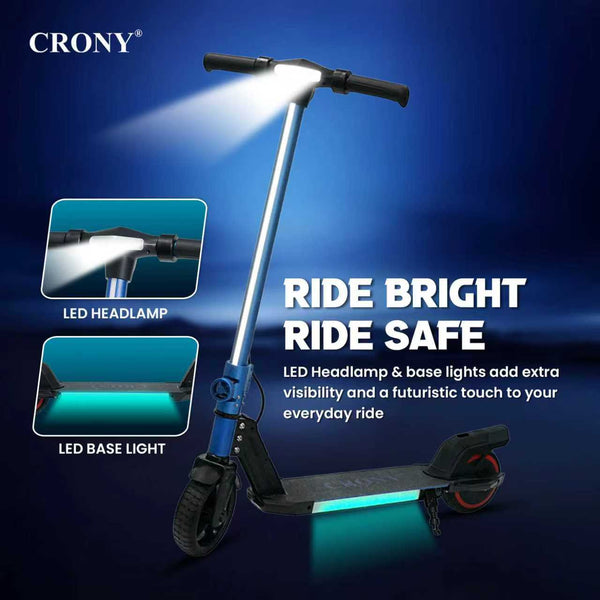 The CRONY S32 is a foldable electric scooter available in multiple colors, featuring an aluminum alloy body, a 130W motor, an LED display, and seven-color footboard lights.