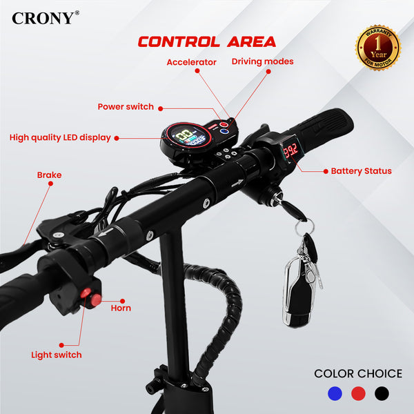 CRONY V10 Black Fast Speed Electric Scooter 1200W Motor, 48V Battery, Top Speed 45-68Km/h, Range 20-40Km, Triple LED Headlamps, Base LED Lights, 10 Inch Tyres