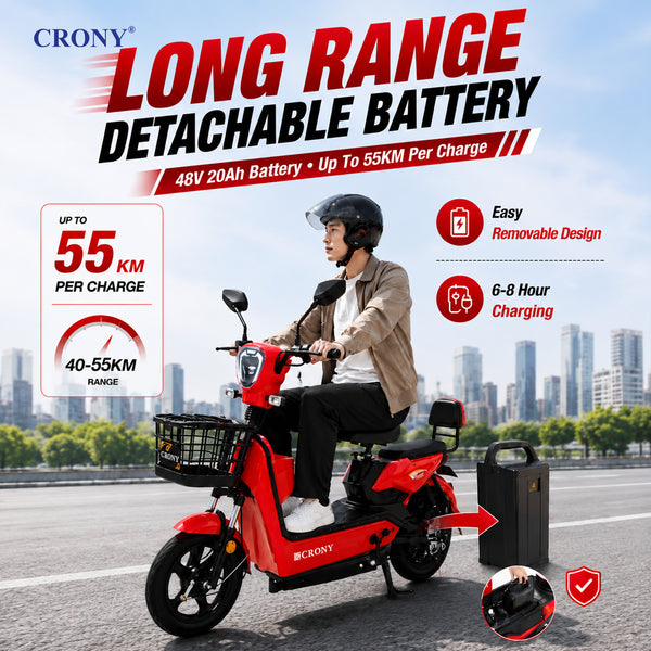 CRONY W8 Golden Eagle Electric Bike, Red, 350W Rear Hub Motor, 48V 12Ah/20Ah Battery, 40 km/h Top Speed, 31–60 km Range, 14-Inch Wheels, 3-Speed, Front Drum & Rear Locking Brake, Long-Range Electric City Bike