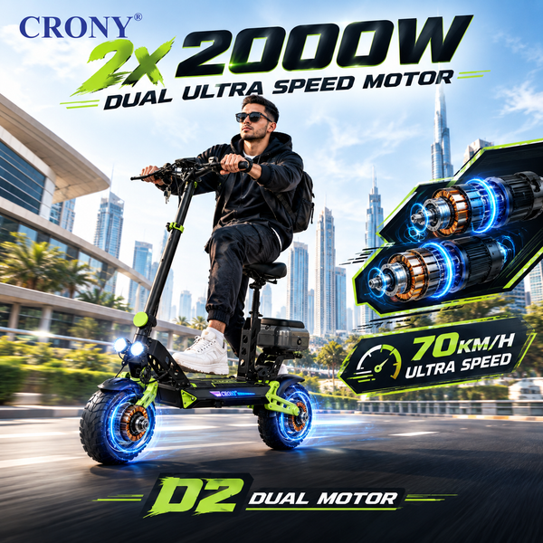 CRONY D2 Dual Motor Electric Scooter with Seat, 4000W (2000W x2), 48V 18.2Ah Battery, 45-60KM Range, Up to 70KM/H, 10-Inch Tires, Front & Rear Suspension, Disc Brakes, LED Lights, Bluetooth APP, Green
