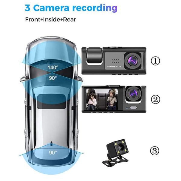 S11 Three-Camera 1920*1080 pushbutton dashcam 1080P DVR Dashcam Front Indoor and Rear View Camera Driving Recorder