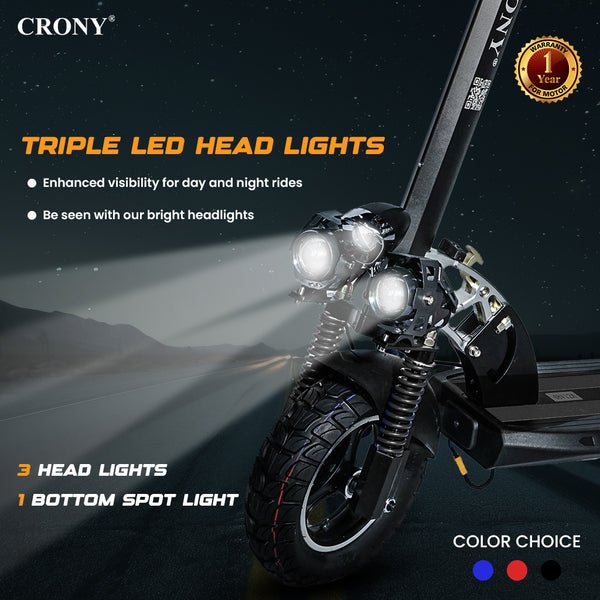CRONY V10 Black Fast Speed Electric Scooter 1200W Motor, 48V Battery, Top Speed 45-68Km/h, Range 20-40Km, Triple LED Headlamps, Base LED Lights, 10 Inch Tyres