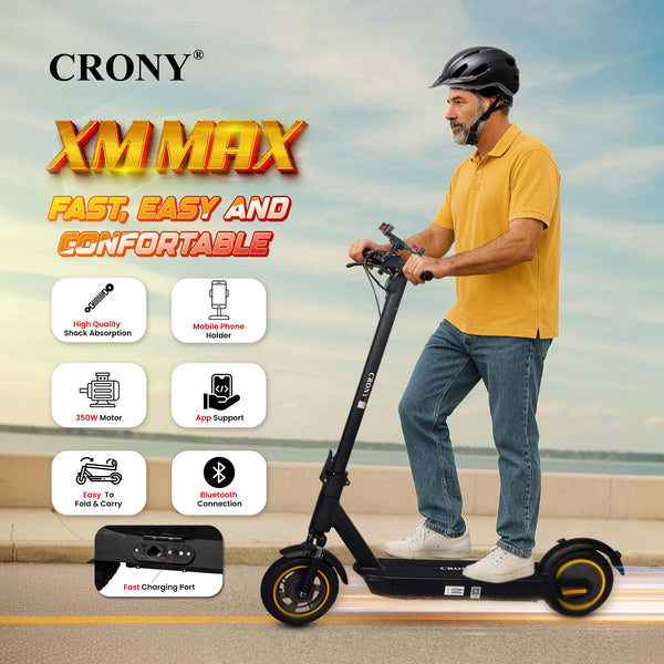 Crony XM Max Electric Scooter delivers a smooth and reliable ride with its 350 W motor and long-lasting 36 V / 15.6 Ah battery, offering a top speed of 30 km/h and a range of up to 45 km per charge