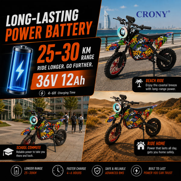 CRONY-09 Street Dance Electric Dirt Bike 350W Motor, 36V 12Ah Battery, 14 Inch Off-Road Tires, Up to 36KM/H Speed, LCD Display, LED Headlight, Bluetooth Speaker, Electric Motorcycle for Outdoor Riding, Durable Design, 1 Year Motor Warranty