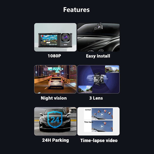 CRONY S11 Three-Camera 1920*1080 pushbutton dashcam 1080P DVR Dashcam Front Indoor and Rear View Camera Driving Recorder