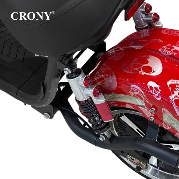 CRONY X1 Electric Motorcycle, 3000W Motor, 60V 12Ah Battery, 60-80KM/H Max Speed, 25-35KM Range, Front & Rear Disc Brakes, Front & Rear Suspension, LCD Display, LED Lights, Bluetooth Speaker, Mobile Phone Holder, Harley Bag, Red Skull