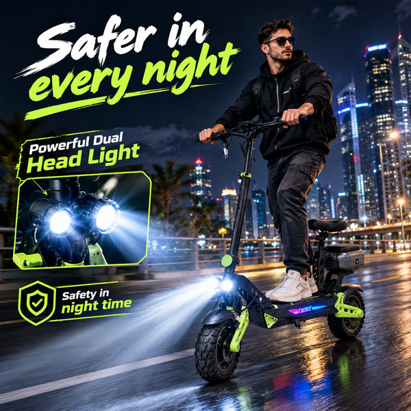 CRONY D2 Dual Motor Electric Scooter with Seat, 4000W (2000W x2), 48V 18.2Ah Battery, 45-60KM Range, Up to 70KM/H, 10-Inch Tires, Front & Rear Suspension, Disc Brakes, LED Lights, Bluetooth APP, Green