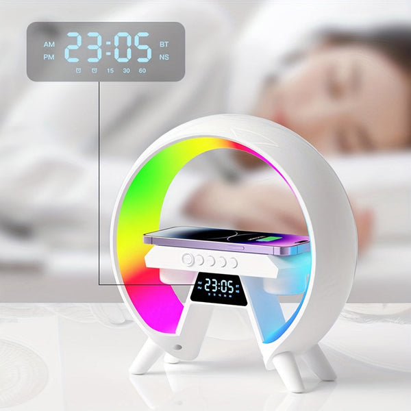 New G table lamp BT speaker with clock & wireless charge Atmosphere Lamp Speaker, Dimmable Night Light Lamp Alarm Clock With Music Sync
