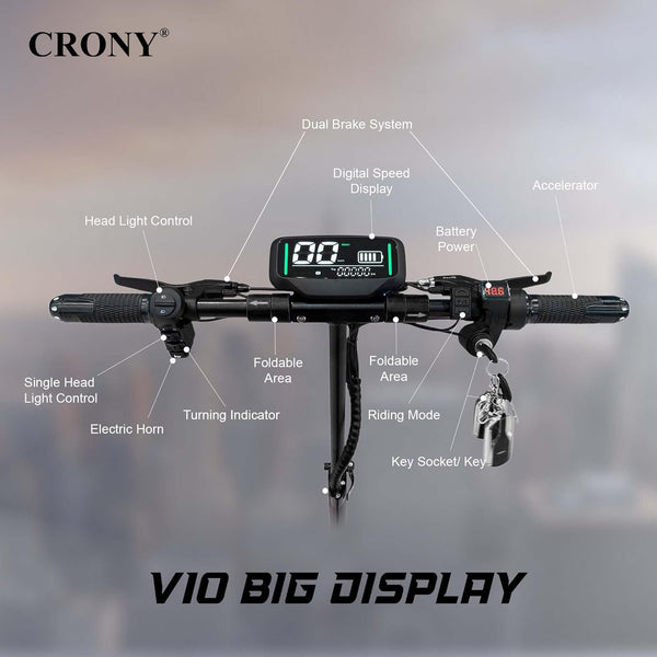 CRONY V10 Big Display+Seat Electric Scooter 1200W Motor 48V/14AH Battery 25-35KM Range Disc Brakes Front/Rear Suspension