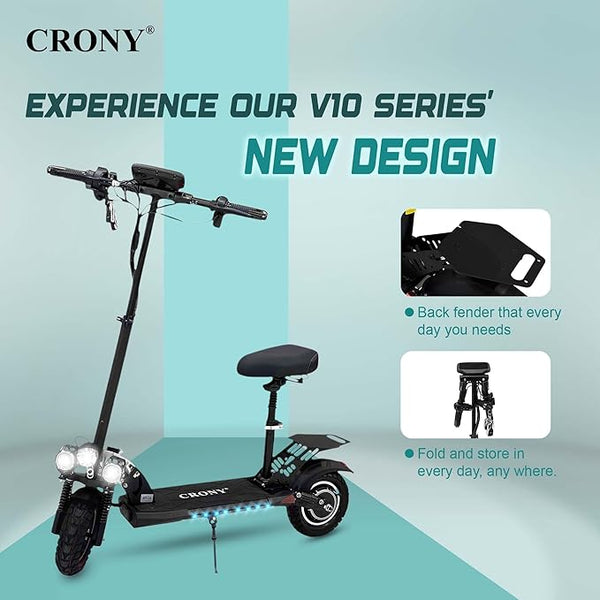 CRONY V10 Big Display+Seat Electric Scooter 1200W Motor 48V/14AH Battery 25-35KM Range Disc Brakes Front/Rear Suspension