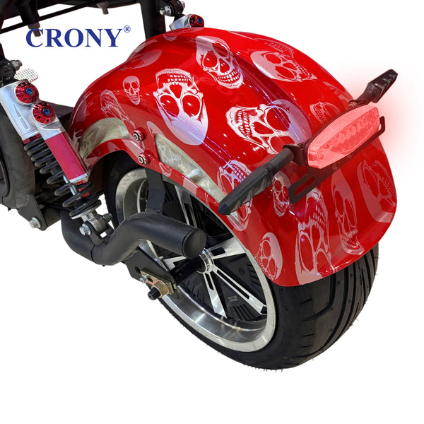 CRONY X1 Electric Motorcycle, 3000W Motor, 60V 12Ah Battery, 60-80KM/H Max Speed, 25-35KM Range, Front & Rear Disc Brakes, Front & Rear Suspension, LCD Display, LED Lights, Bluetooth Speaker, Mobile Phone Holder, Harley Bag, Red Skull