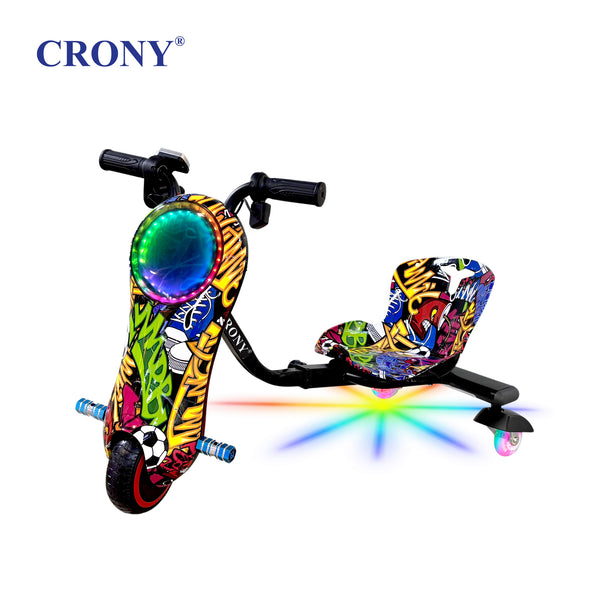 CRONY JL009 8-Inch V-Shaped Drift Car for Kids with Bluetooth Speaker 250W Motor 36V Battery 3 Speed Modes 18KM/H LED Lights Shock Absorption 3-Wheel Electric Scooter 7-10KM Range Lightweight Racing Drift Toy