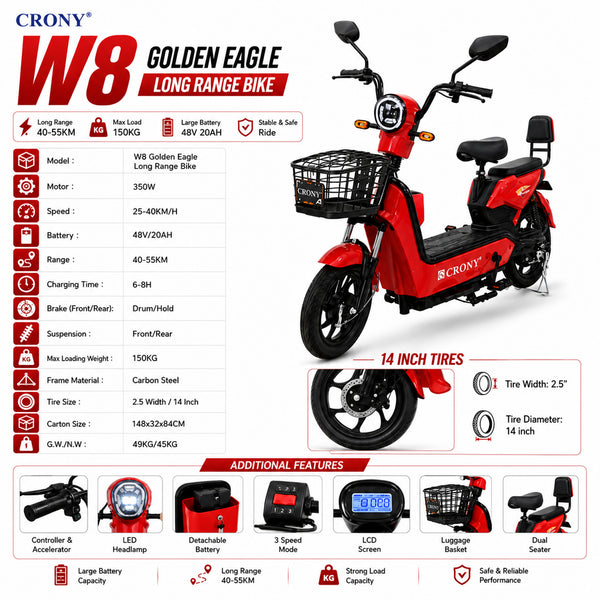 CRONY W8 Golden Eagle Electric Bike, Red, 350W Rear Hub Motor, 48V 12Ah/20Ah Battery, 40 km/h Top Speed, 31–60 km Range, 14-Inch Wheels, 3-Speed, Front Drum & Rear Locking Brake, Long-Range Electric City Bike
