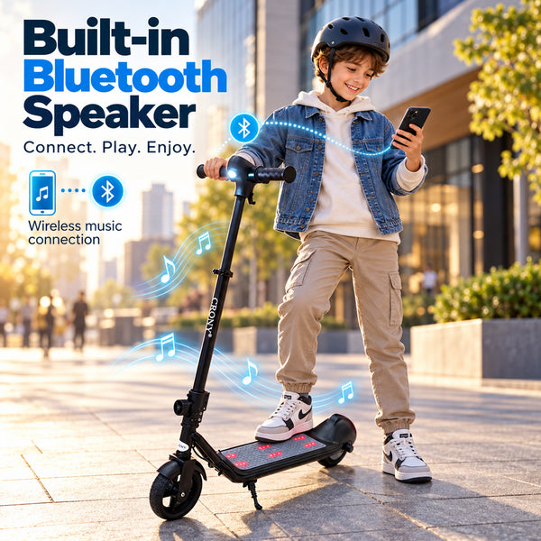 CRONY E68 Electric Scooter for Kids, 110W Motor, 10–16 KM/H Top Speed, 24V 2.5Ah Battery, 5–8 KM Range, 6.5-Inch Tires, Easy Folding, Adjustable Handlebar, LED Headlight & Rear Wheel Light, Bluetooth Speaker, Black**