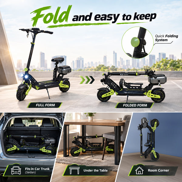 CRONY D2 Dual Motor Electric Scooter with Seat, 4000W (2000W x2), 48V 18.2Ah Battery, 45-60KM Range, Up to 70KM/H, 10-Inch Tires, Front & Rear Suspension, Disc Brakes, LED Lights, Bluetooth APP, Green