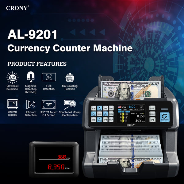 CRONY AL-9201 Professional Mix value Money Counter Machine, 800/1000/1200 Notes/Min, 500 Notes Hopper, UV/MG/MT/IR/CIS Detection, Automatic Currency Identification, 3.5" Touch TFT Display, ADD & Batch Counting, 1 Year Warranty