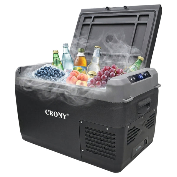 CRONY GC30 Portable Car Refrigerator 29L, 12V/24V DC & 100-220V AC Electric Cooler, -20°C to 20°C Temperature Range, LED Control Panel, Interior LED Light, Bottle Opener & Cup Holder, 1-Year Warranty
