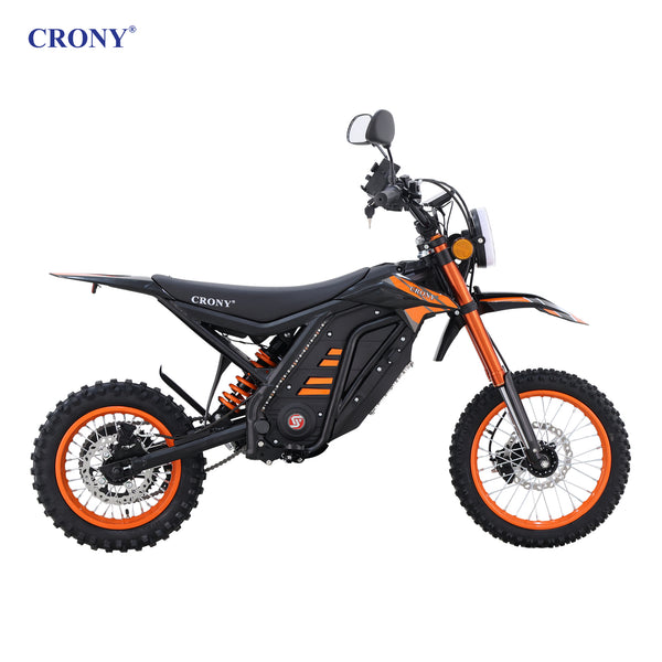 CRONY-05 E-Dirt Bike, 2500W Electric Motorcycle, Up to 72 KM/H, 48V 25Ah Detachable Battery, 45–55 KM Range, Dual Suspension, Front & Rear Disc Brakes, 14"/12" Off-Road Tires, Bluetooth Speaker, Helmet Included
