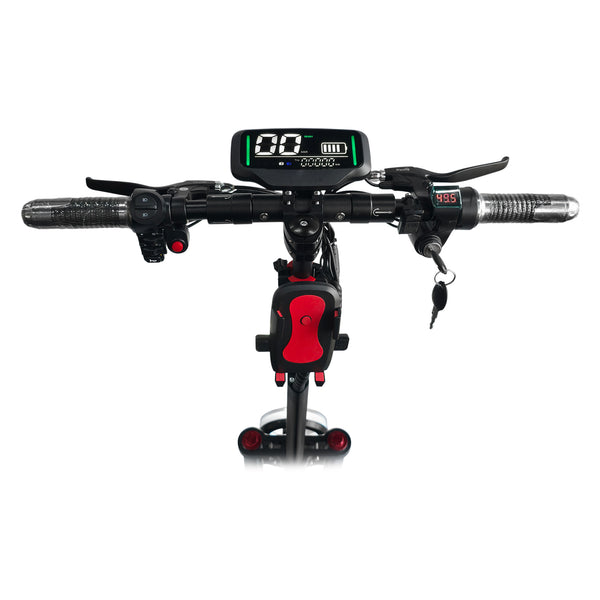 The CRONY V18 features dual 1500W motors for powerful performance, reaching 40 KM/H speed. Equipped with a 48V 18AH battery for 30–60 KM range, plus a mobile phone holder and Bluetooth speaker for added convenience and a smoother riding experience.