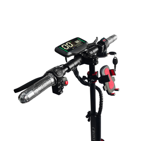 The CRONY V18 features dual 1500W motors for powerful performance, reaching 40 KM/H speed. Equipped with a 48V 18AH battery for 30–60 KM range, plus a mobile phone holder and Bluetooth speaker for added convenience and a smoother riding experience.