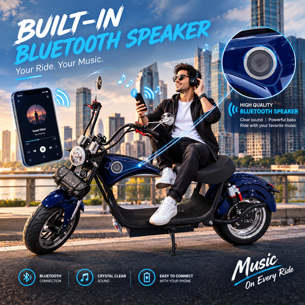 CRONY X1 Electric Motorcycle, 3000W Motor, 60V 12Ah Battery, 60-80KM/H Max Speed, 25-35KM Range, Front & Rear Disc Brakes, Front & Rear Suspension, LCD Display, LED Lights, Bluetooth Speaker, Mobile Phone Holder, Harley Bag, Blue