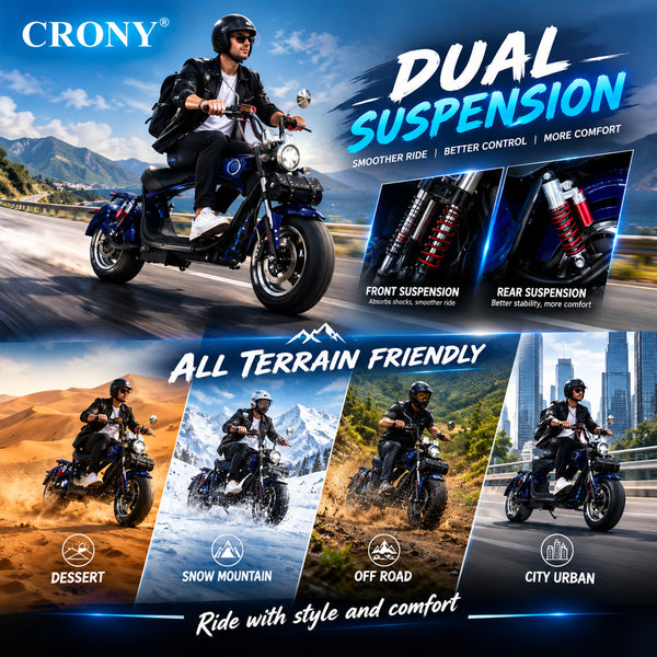 CRONY X1 Electric Motorcycle, 3000W Motor, 60V 12Ah Battery, 60-80KM/H Max Speed, 25-35KM Range, Front & Rear Disc Brakes, Front & Rear Suspension, LCD Display, LED Lights, Bluetooth Speaker, Mobile Phone Holder, Harley Bag, Blue