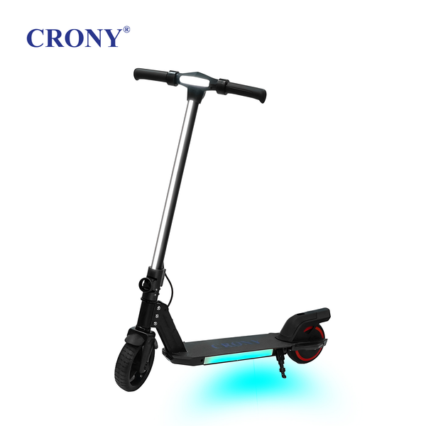 The CRONY S31 is a foldable electric scooter available in multiple colors, featuring an aluminum alloy body, a 130W motor, an LED display, and seven-color footboard lights.
