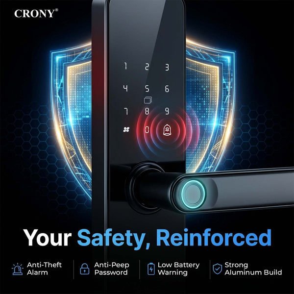 CRONY JP-S2 Smart Door Lock 5-in-1 Built-in Wifi Fingerprint Keyless Entry Weather-Resistant Child Safety Lock for Home Rental Office and Hotel TUYA App Control Black