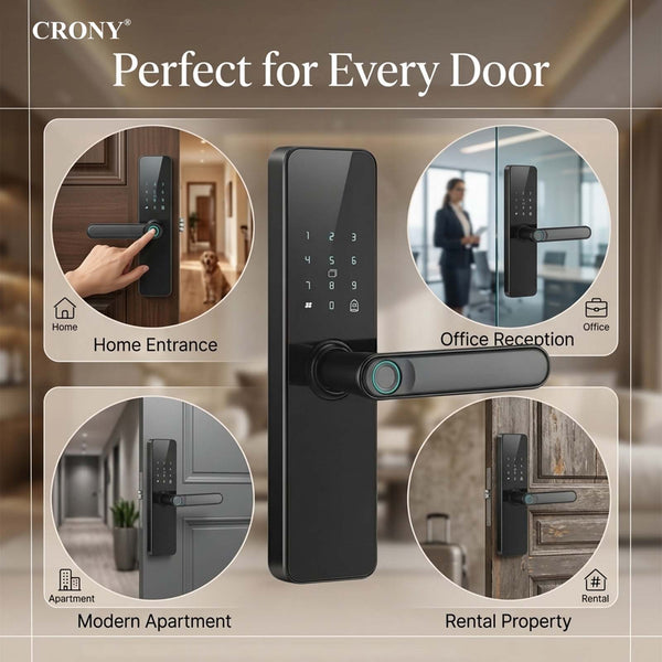 CRONY JP-S2 Smart Door Lock 5-in-1 Built-in Wifi Fingerprint Keyless Entry Weather-Resistant Child Safety Lock for Home Rental Office and Hotel TUYA App Control Black