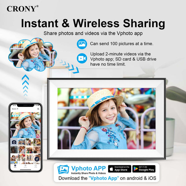 Crony JT101F-102 10.1 Ineh wIFI Digitsl Photo Frame Bring your memories to life with this 10.1 Inch Android WiFi Cloud Digital Photo Frame (16GB Memory)
