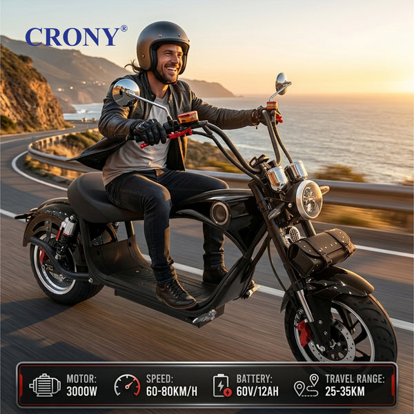 CRONY X1 Electric Motorcycle, 3000W Motor, 60V 12Ah Battery, 60-80KM/H Max Speed, 25-35KM Range, Front & Rear Disc Brakes, Front & Rear Suspension, LCD Display, LED Lights, Bluetooth Speaker, Mobile Phone Holder, Harley Bag, Black