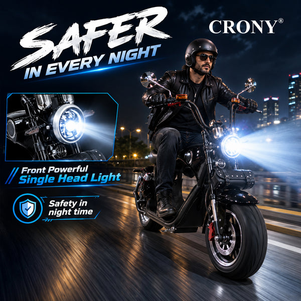 CRONY X1 Electric Motorcycle, 3000W Motor, 60V 12Ah Battery, 60-80KM/H Max Speed, 25-35KM Range, Front & Rear Disc Brakes, Front & Rear Suspension, LCD Display, LED Lights, Bluetooth Speaker, Mobile Phone Holder, Harley Bag, Black