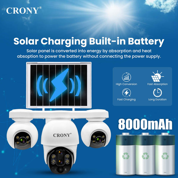 CRONY P19DL 4MP Solar Security Camera, WiFi PTZ Outdoor Camera with 8000mAh Battery, 10X Optical Zoom, 355° Pan 90° Tilt, AI Human Tracking, Motion Detection, Two-Way Audio, IR Night Vision, IP65 Waterproof, V380 Pro App, SD Card Storage