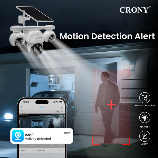 CRONY P19DL 4MP Solar Security Camera, WiFi PTZ Outdoor Camera with 8000mAh Battery, 10X Optical Zoom, 355° Pan 90° Tilt, AI Human Tracking, Motion Detection, Two-Way Audio, IR Night Vision, IP65 Waterproof, V380 Pro App, SD Card Storage