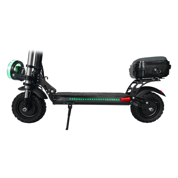 The CRONY V18 features dual 1500W motors for powerful performance, reaching 40 KM/H speed. Equipped with a 48V 18AH battery for 30–60 KM range, plus a mobile phone holder and Bluetooth speaker for added convenience and a smoother riding experience.
