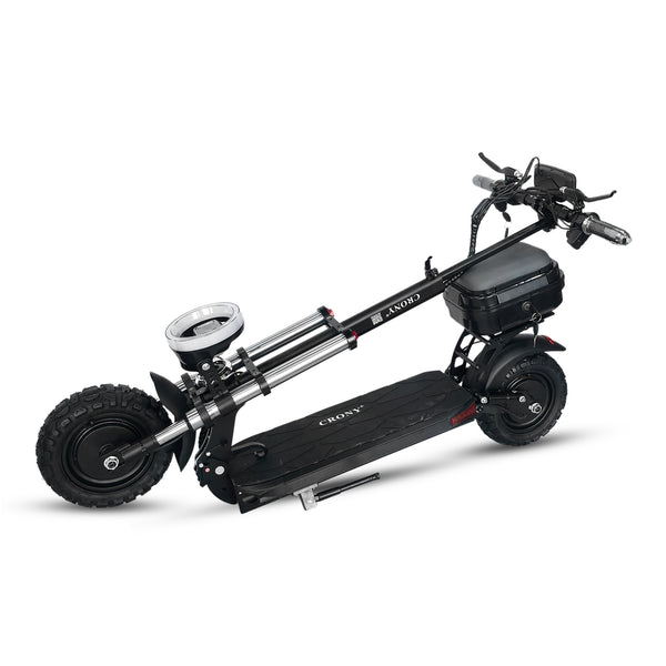 The CRONY V18 features dual 1500W motors for powerful performance, reaching 40 KM/H speed. Equipped with a 48V 18AH battery for 30–60 KM range, plus a mobile phone holder and Bluetooth speaker for added convenience and a smoother riding experience.