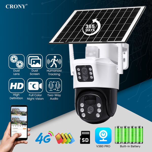 CRONY VCS09 4MP Solar Security Camera, 4G & WiFi Wireless PTZ Camera, 1080P HD, 355° Pan 90° Tilt, 8000mAh Rechargeable Battery, Two-Way Audio, TF Card & Cloud Storage, V380 Pro App, Outdoor Surveillance
