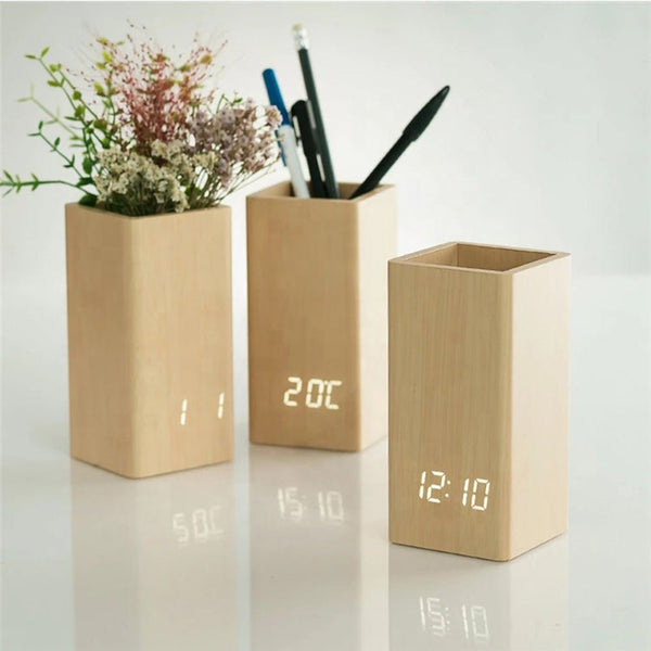 CRONY 2020 flower arranging clock wooden digital temperature pen holder alarm clock for gift